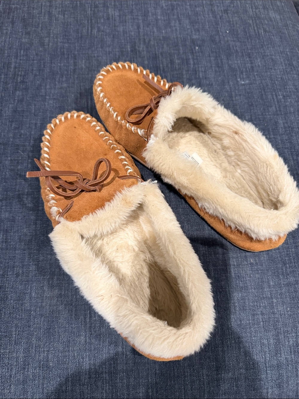 J. Crew Tan Suede Moccasin Slippers with Cream Faux-Fur Lining